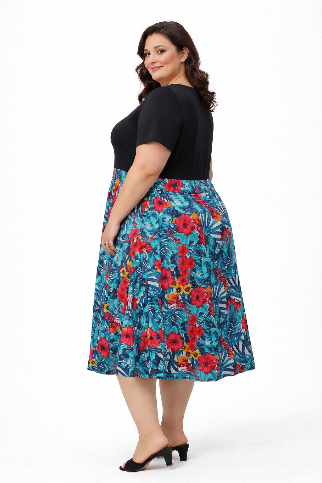 Vestido Bicolor Estampado Tropical