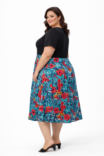 Vestido Bicolor Estampado Tropical