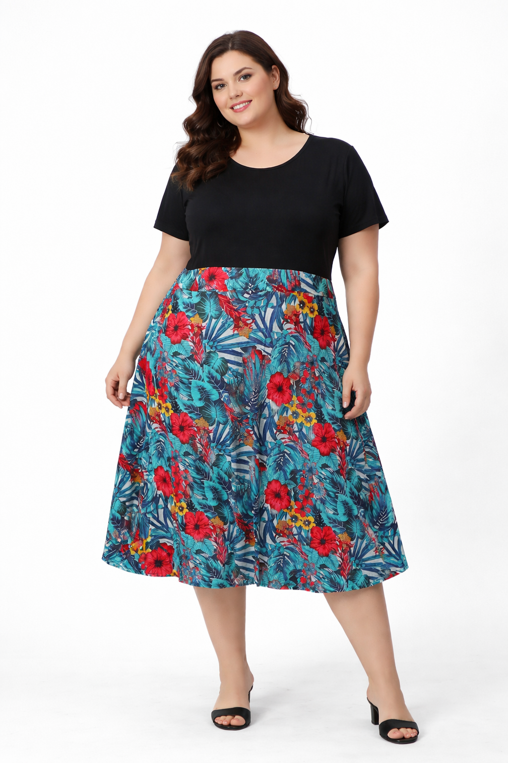 Vestido Bicolor Estampado Tropical