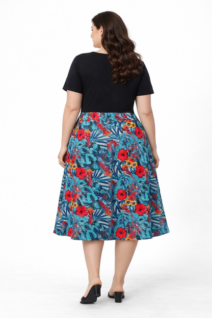 Vestido Bicolor Estampado Tropical